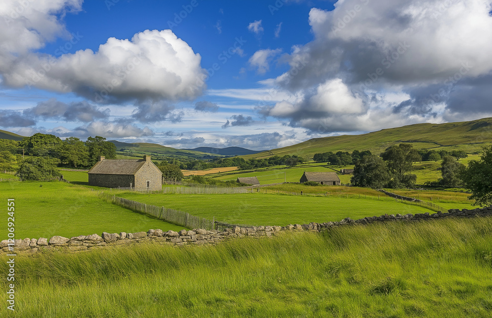 Obraz premium A serene landscape featuring a clear blue sky, vibrant green grasslands, and fluffy white clouds. In the distance, farm buildings add charm to the scene, captured in stunning high photography