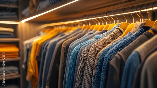Rack of various clothing items hanging on a wall in a retail store environment