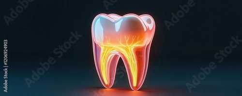 Digital tooth anatomy, highlighting nerve pathways and areas of sensitivity in glowing colors photo