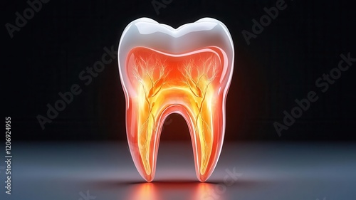 Tooth anatomy with highlighted pain points, glowing nerves in cross sectional view photo