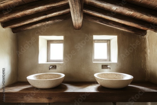 Rustic bathroom with double...