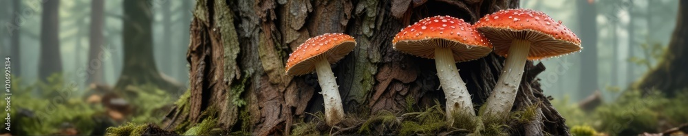 Fototapeta premium Amanita muscaria with red spots on a tree trunk, red, forest