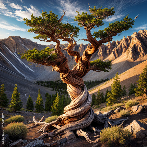 a twisted bristlecone pine tree in a rocky mountain landscape photo