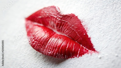 A close-up of a smudged red lipstick stain on a white surface, with subtle cracks and wrinkles around the edge, as if it has been smooched or rubbed off , lip mishap, cosmetics photo