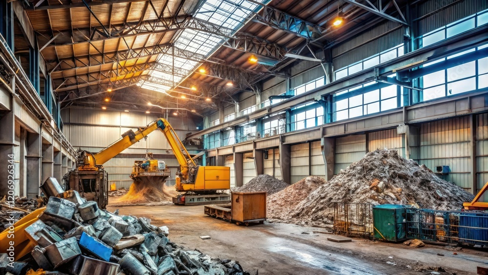 A steel recycling factory with large machines crushing and sorting metal, raw materials, heavy industry