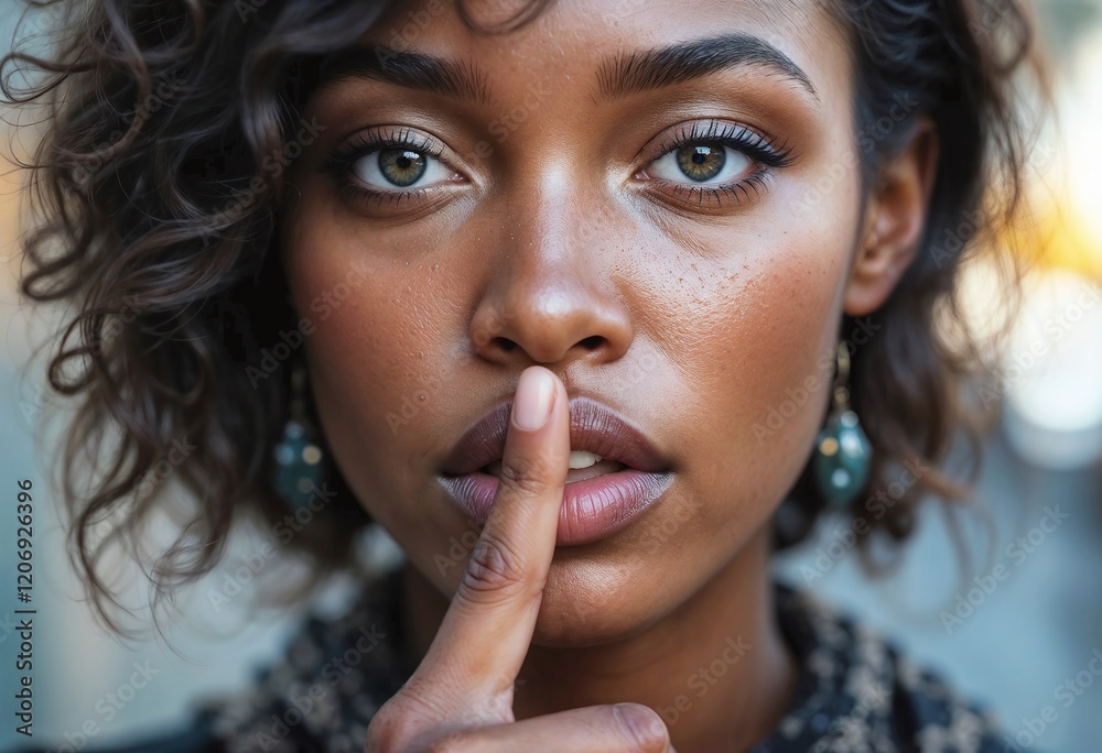 Young Black woman with curly hair signaling for silence with her finger on her lips, conveying discretion.