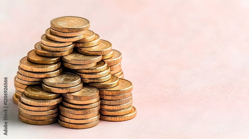 Pile of Stacked Coins on Soft Pink Background for Financial Themes, Generative AI. Pile of Stacked Coins on Soft Pink Background for Financial Themes, Generative AI.