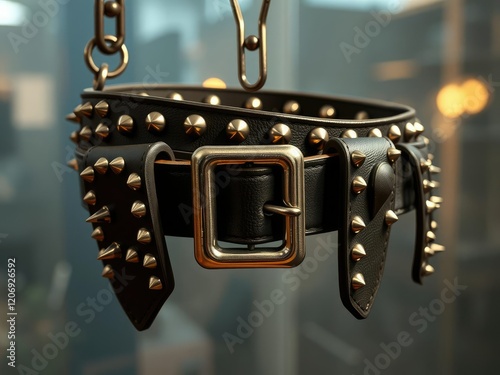 A studded punk belt hangs from a hook on a see through background with a focus on the studs and spiked buckles, accessories, belt, studded
