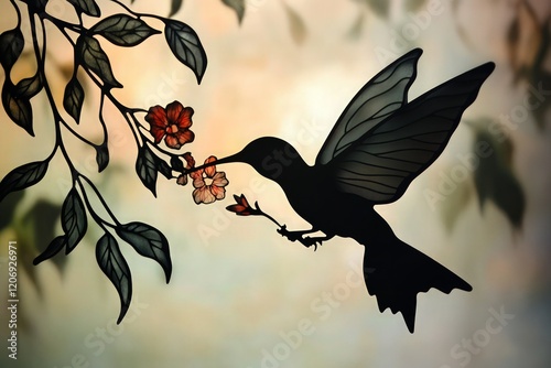 A sophisticated black metal wall art depicting a hollow hummingbird feeding on a flower, its sleek Formica metal design emphasizing the bird's wings in motion.  photo