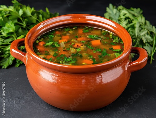 Delicious vegetable soup in a terracotta pot.