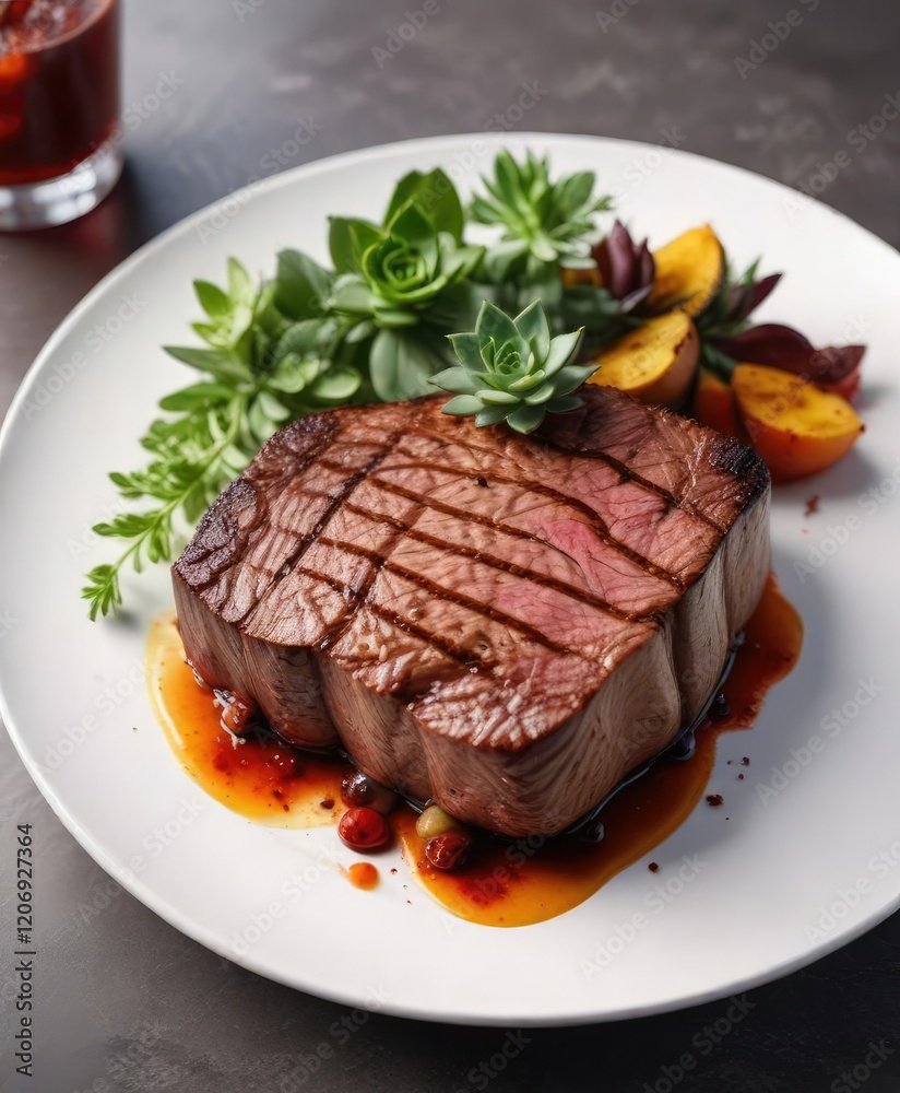 A succulent grilled steak placed artfully on a white plate , appetizing meal, meat A succulent grilled steak placed artfully on a white plate , appetizing meal, meat
