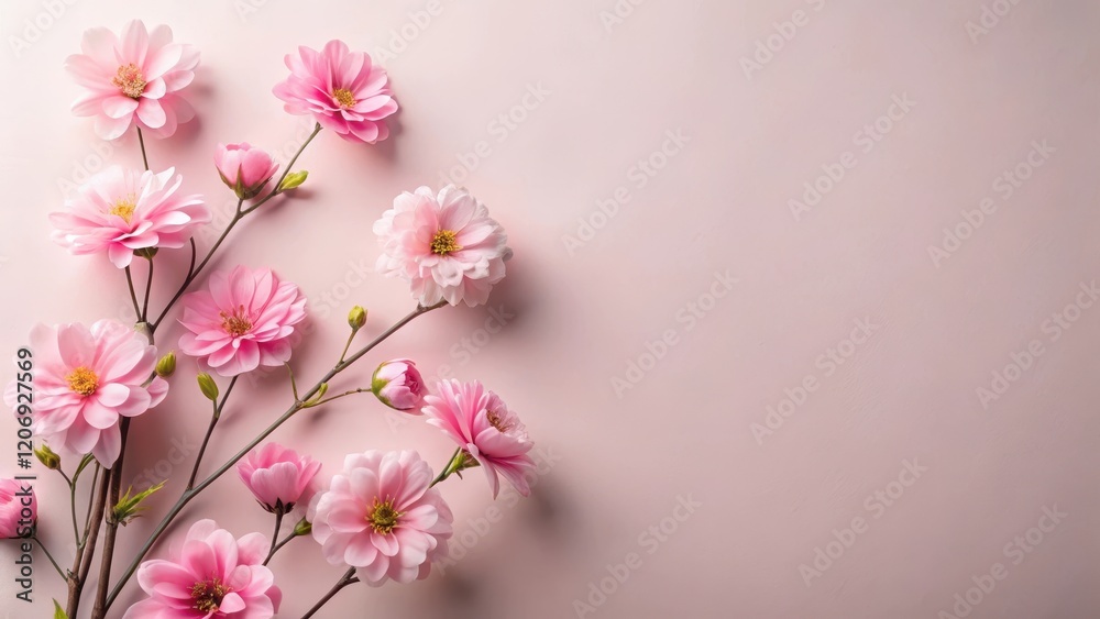 Fototapeta premium delicate pink flowers in a minimalist background with clean lines and simple shapes , floral, mediterranean