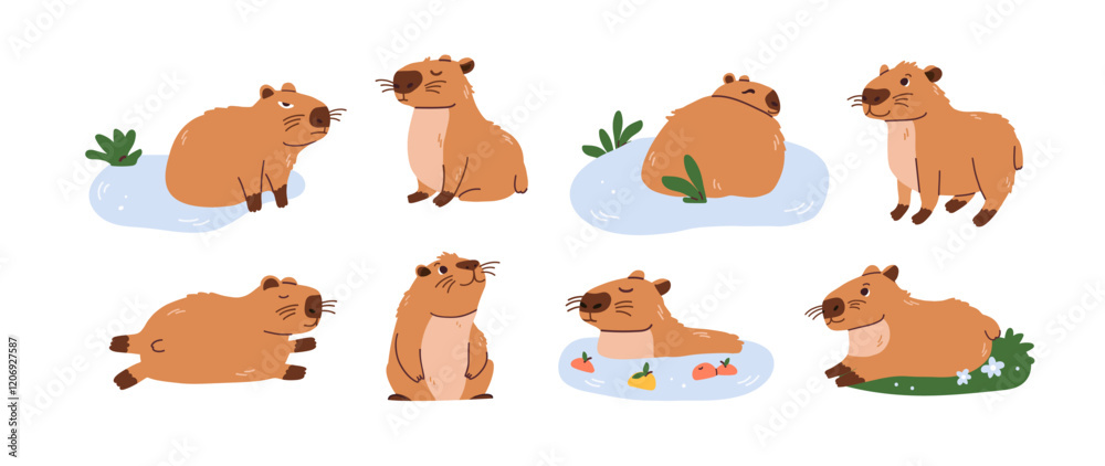 Obraz premium Set of cute capybara isolated on white background. Baby animal capibara character. Funny happy mammal in water nature. Vector flat illustration