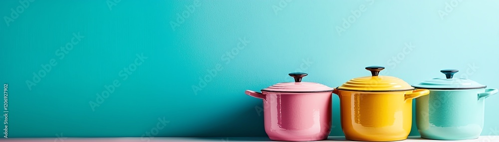 Three colorful cooking pots lined up against a vibrant blue background, adding a cheerful touch to any kitchen decor. Three colorful cooking pots lined up against a vibrant blue background, adding a cheerful touch to any kitchen decor.