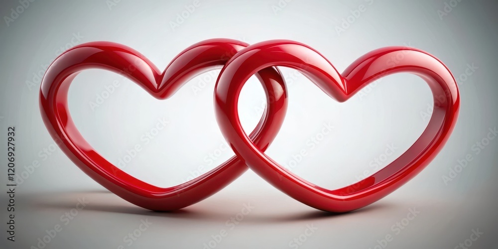 Naklejka premium Two red hearts intertwined in a circular motion around each other, forming a symbol of unity and love, with subtle shading to give depth and dimensionality , unity, circle