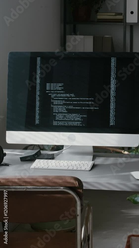 Vertical no people view of commands written in programming language running on PC of web engineer in office photo