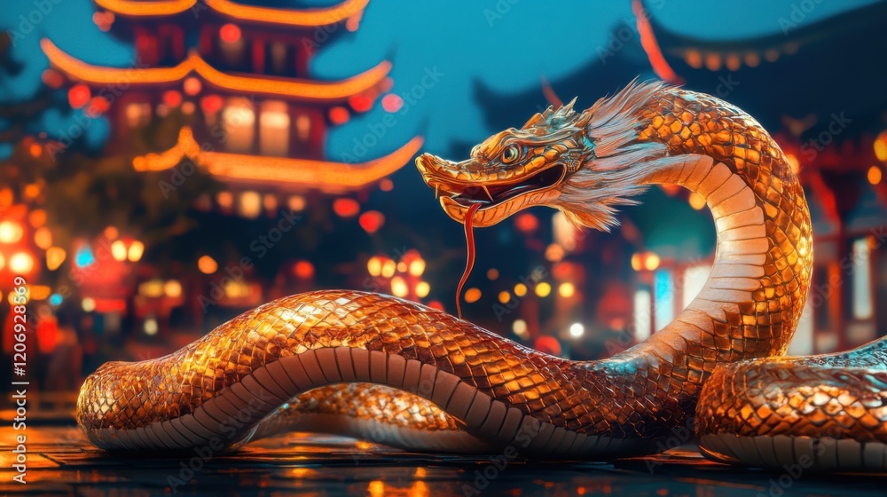 Fototapeta premium Majestic Dragon Statue Gracefully Adorning Urban Street with Vibrant City Life in Background Evoking Mystical and Enigmatic Atmosphere of Fantasy