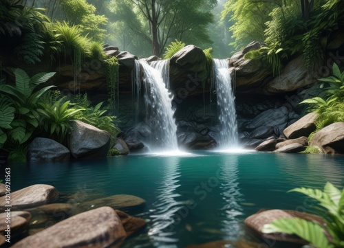 A tranquil waterfall cascades into a crystal-clear pool, creating a soothing melody that echoes through the forest, misty surroundings, tranquil pool, natural wonder
