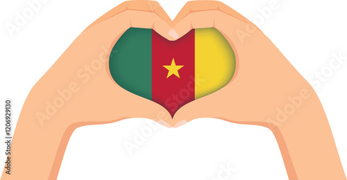 Cameroon independence day illustration. Hands forming a heart shape with the flag inside.