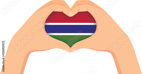 Gambia independence day illustration. Hands forming a heart shape with the flag inside.