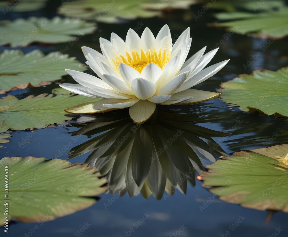 A water lily with yellow center and pure white petals blooming on the surface of a quiet pond, pond flower, white water lily bloom A water lily with yellow center and pure white petals blooming on the surface of a quiet pond, pond flower, white water lily bloom