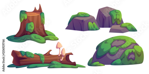 Natural swamp scenery elements - weathered tree stump, broken log and scattered rocks covered in lush moss patches and grass tufts. Forest landscape components - stones and vegetation environment.