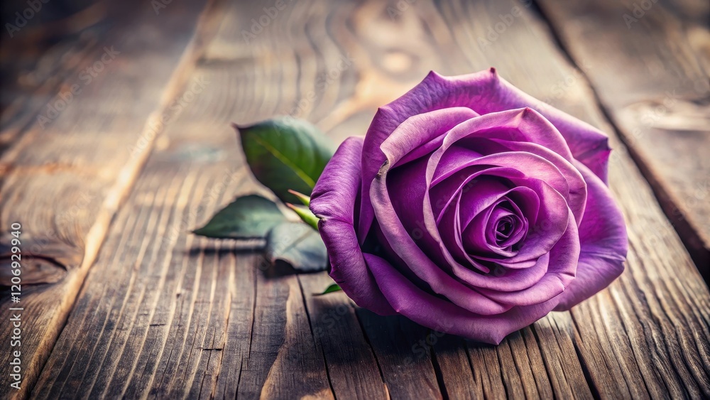 Close-up shot of a single majestic purple rose with delicate petals and a hint of fragrance, placed on a rustic wooden surface with subtle texture, elegance, details Close-up shot of a single majestic purple rose with delicate petals and a hint of fragrance, placed on a rustic wooden surface with subtle texture, elegance, details