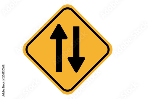 two ways traffic sign, two black arrow in opposite direction on yellow warning sign board icon transparent background. flat style for web site design, logo, app, UI design.