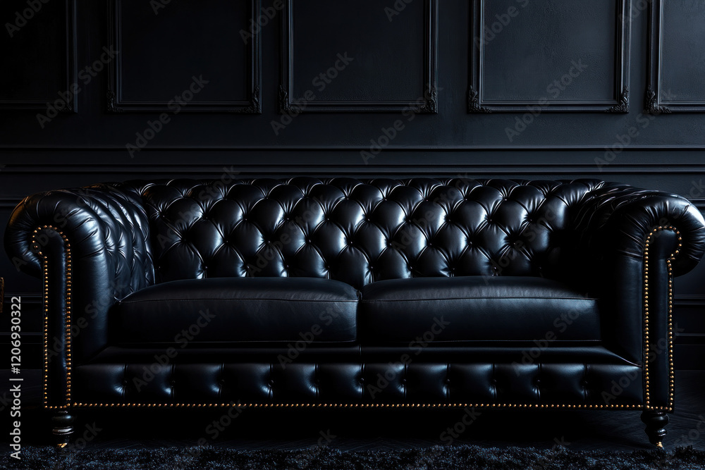 Obraz premium Black leather couch with gold studding in modern living room with minimalistic decor and large windows showcasing city skyline at night.