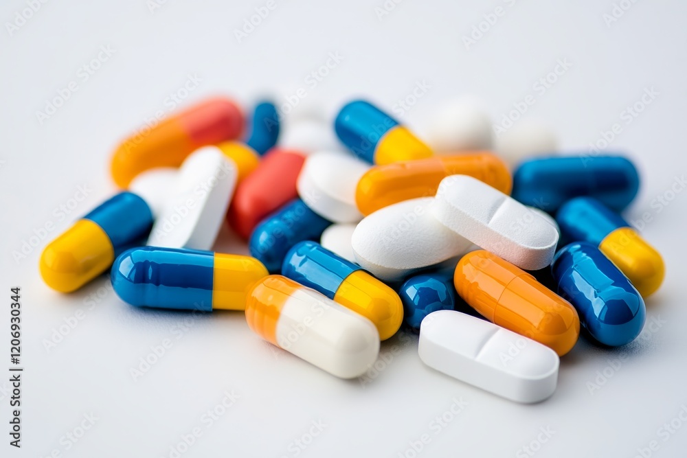 Variety of colorful capsules and tablets scattered on a plain surface for pharmaceutical display Variety of colorful capsules and tablets scattered on a plain surface for pharmaceutical display