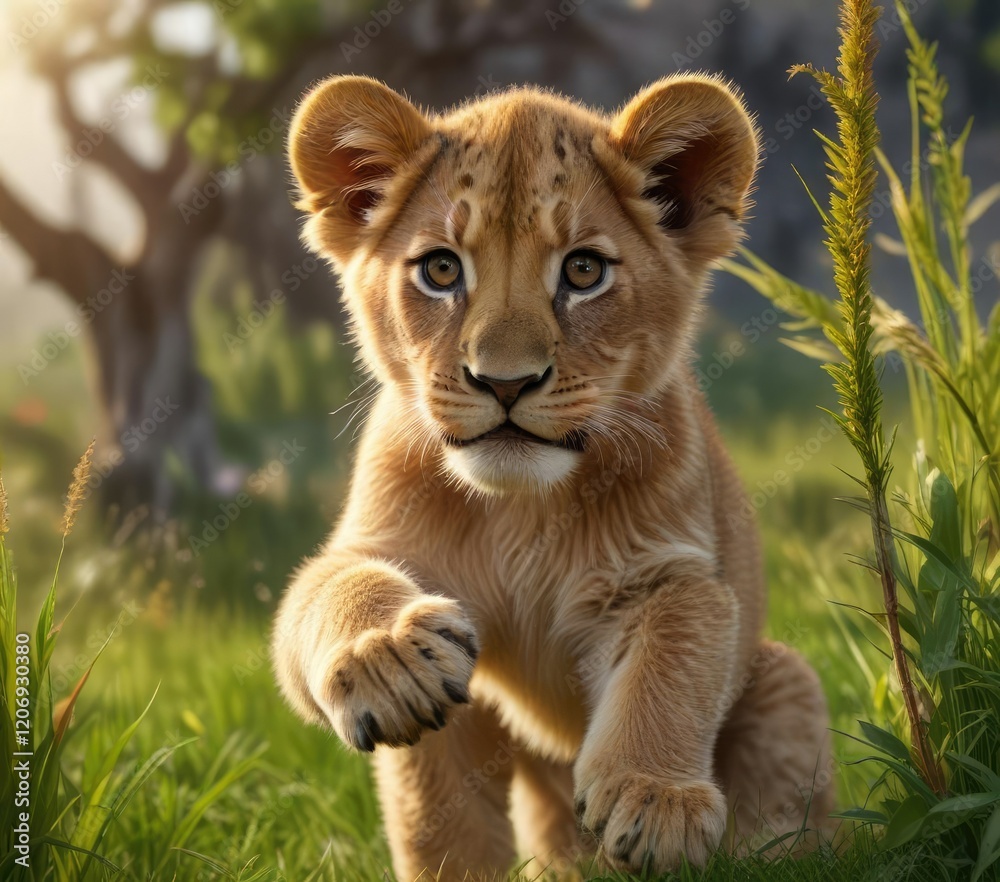 Obraz premium A young lion cub climbing over a stalk of grass with paws, green, adventurous