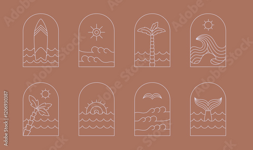 Retro style, bohemian linear surfing, ocean, sea, sunrise, sunset badge, icon, design. Simple geometric surf camp, resort logo design frame template