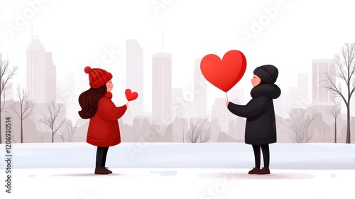 Two people exchanging hearts in winter scenery.