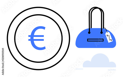 Euro currency symbol within a coin alongside a blue handbag with price tag. Ideal for finance, retail, e-commerce, shopping, currency exchange, price analysis, trade. Line metaphor