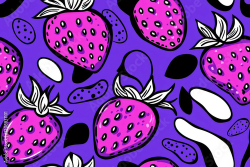Colorful and Playful Strawberry Pattern on Purple Background with Bold Black and White Elements Perfect for Fun and Creative Designs