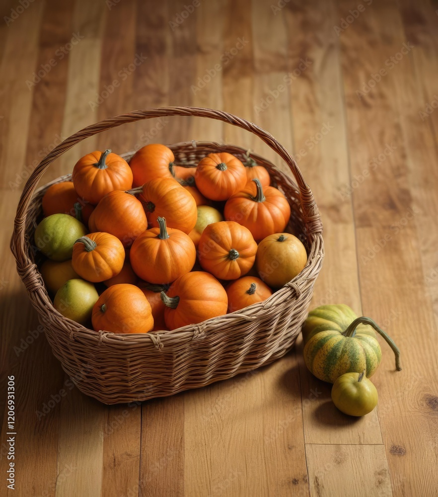 a basket of small pumpkins and gourds arranged in a decorative pattern against a warm autumnal background on a wooden floor, home decor, fall a basket of small pumpkins and gourds arranged in a decorative pattern against a warm autumnal background on a wooden floor, home decor, fall