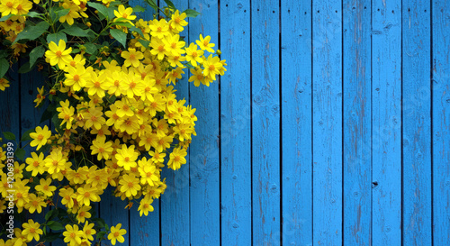 Yellow flowers on rustic blue wooden fence with copy space.