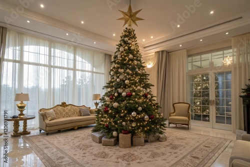 A beautifully decorated Christmas tree in a luxurious living room, elegant atmosphere, beautifully decorated tree, cozy ambiance, merry christmas, happy new year photo