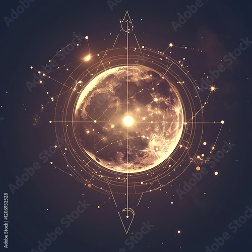 Celestial Sphere Illuminated By Golden Geometric Design