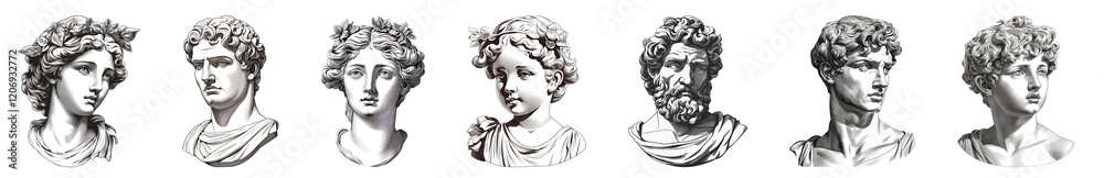 Obraz premium PNG Classical marble busts in sequence, element set on transparent background