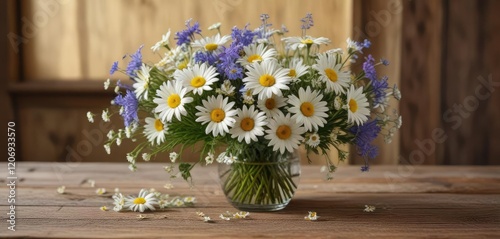 A bouquet of fresh daisies and wildflowers in a vase, arranged artfully on a wooden table, vase, arrangement photo