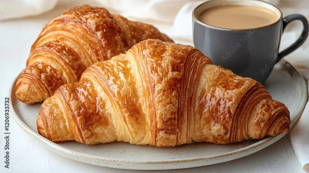A croissant with golden flaky layers, paired with a cup of coffee A croissant with golden flaky layers, paired with a cup of coffee