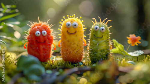 Cartoon caricature bacteria, funny, cute on blurred macro background