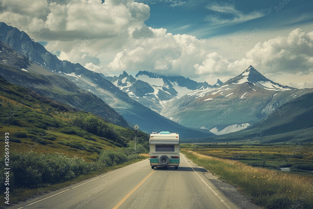 Holiday trip on large family motorhome for holiday in beautiful natural nature, abstract vivid composition consists of fictional unreal fantastic vision on background