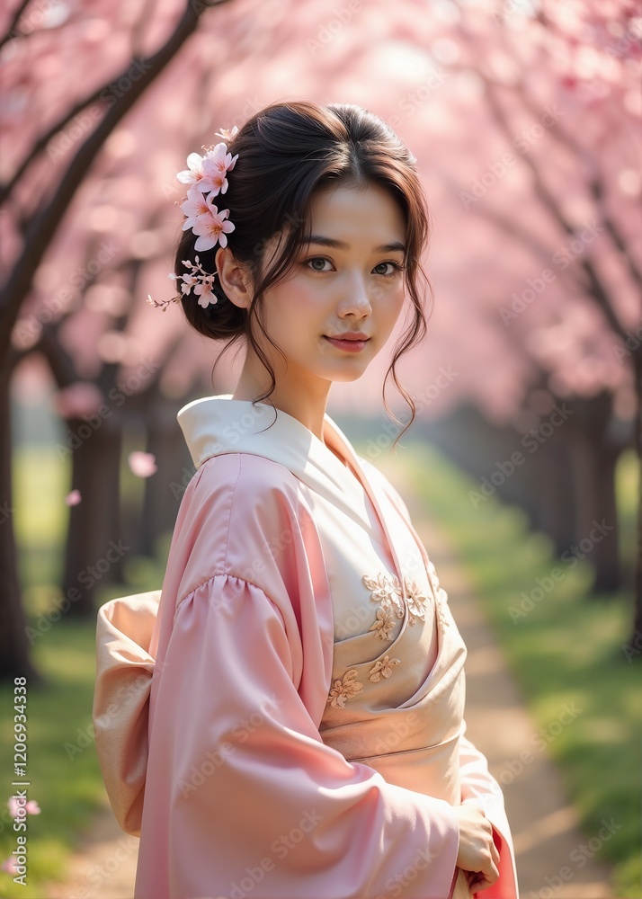Young woman in a pink kimono posing gracefully under cherry blossom trees in spring
Young woman in a pink kimono posing gracefully under cherry blossom trees in spring