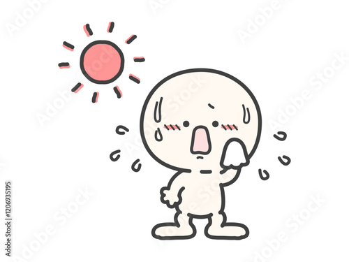 夏の太陽と暑くて汗をかいている人物のベクターイラスト04