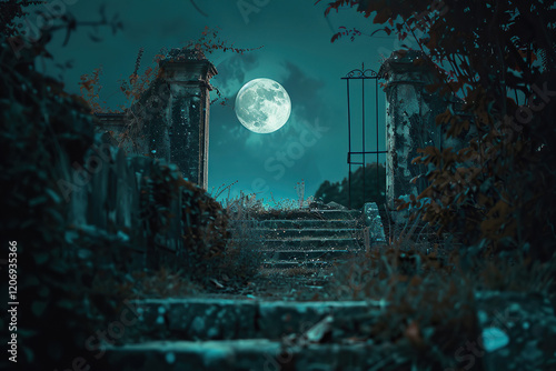 Fantastically mysterious cemetery with tombstones and terribly scary atmosphere, abstract vivid composition consists of fictional unreal fantastic vision on background photo