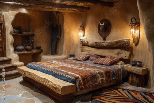 Rustic Wooden Bed in an Ear...