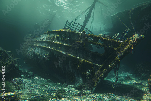 Underwater view of an old sunken ship on seabed with fish swimming around, abstract vivid composition consists of fictional unreal fantastic vision on background
