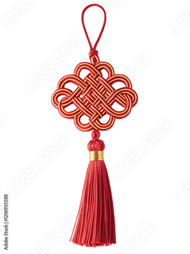Traditional red Chinese knot ornament hanging, isolated